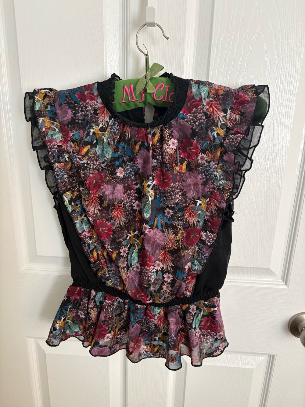 Club Monaco Black Floral Ruffle Peplum Top